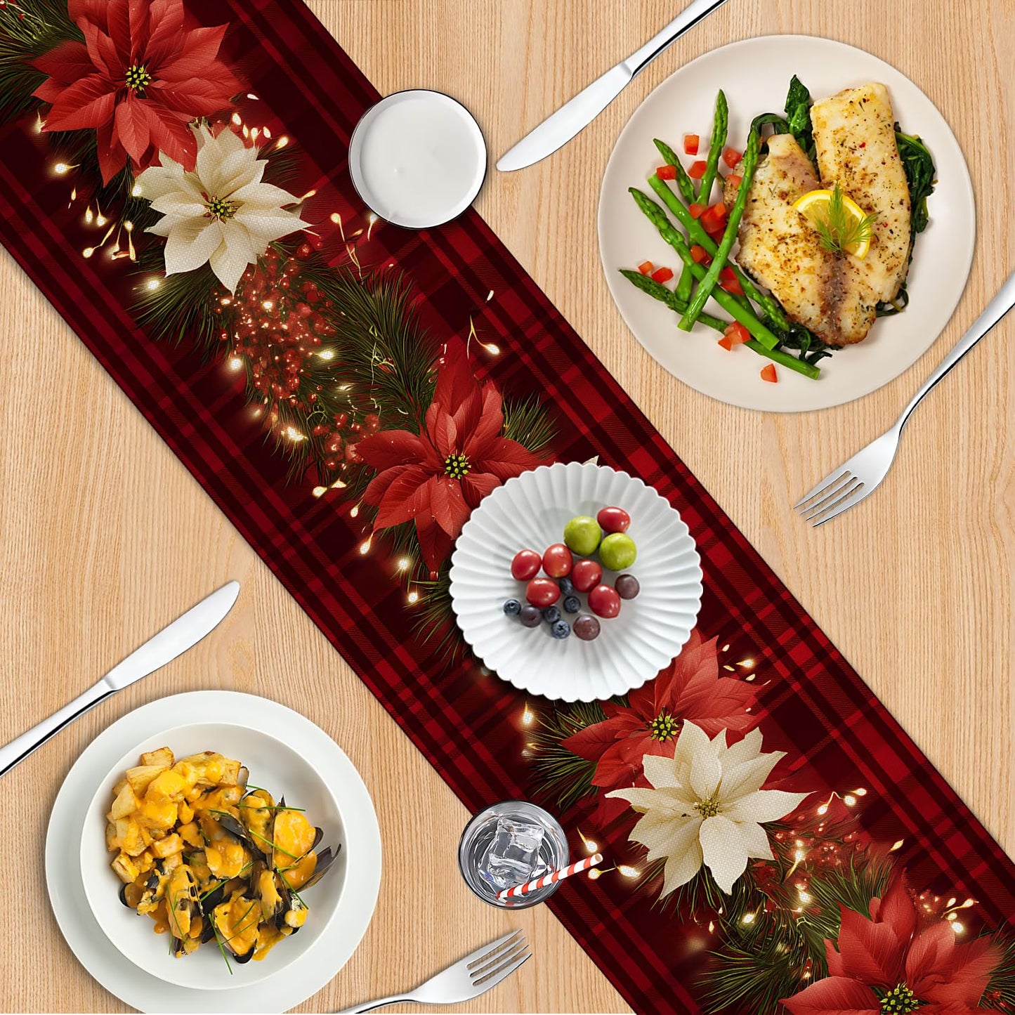 Christmas Table Runners and Placemats Set of 6, Red Plaid with Poinsettia & Floral Design, Perfect for Holiday Dining, 7-Piece Christmas Table Decoration