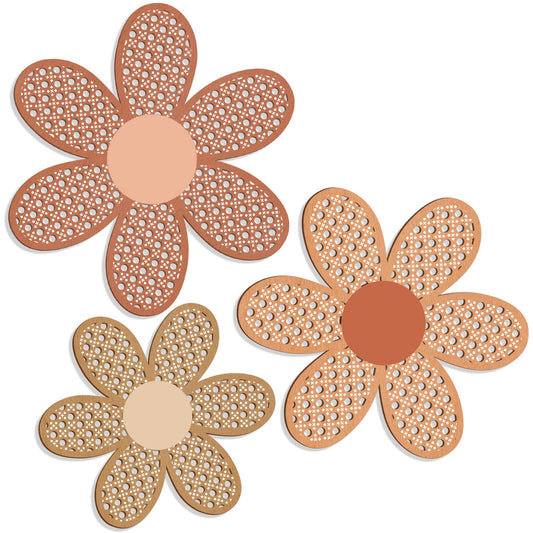 Maitys 3 Pieces Boho Daisy Wall Decor Natural Rattan Flower Wall Hanging Art Wooden Boho Art Nursery Flowers Farmhouse Hanging Decor for Home Office Nursery(Fresh Color)