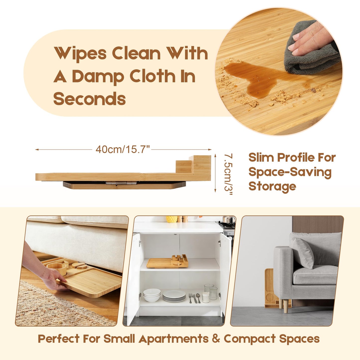Premium Bamboo Sofa Arm Tray - Couch Armrest Table with Cup Holder, Phone Stand & Storage Compartment, Non-Slip Snack Tray for Living Room, Bedroom, Fits Most Sofa Armrests
