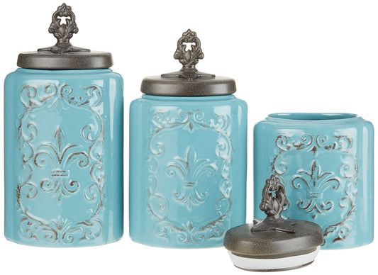 American Atelier 1182144-BL Blue Antique Set of 3 Canisters,60, 74.5, 84.5 oz