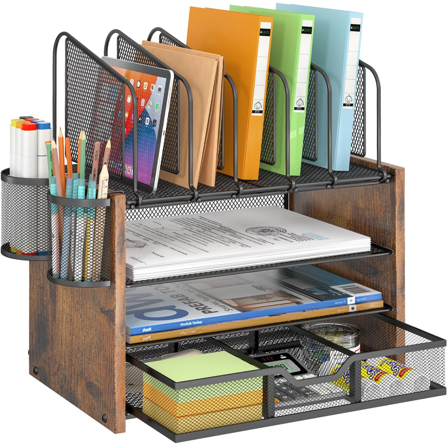 DAOUTIME 4-Tier Mesh Desk Organizer, Wooden Desk File Organizer with 5 Vertical File Holders and 2 Pen Holders, Desktop Organizers and Accessories with Drawer for Home Office