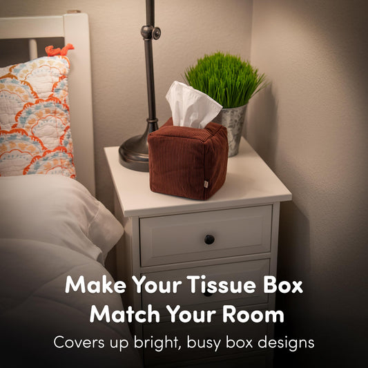 TOGI Corduroy Tissue Box Cover - Soft & Puffy Cube Design Adds a Warm, Cozy Touch - Soft Tissue Box Cover Square Fits Standard Square Boxes from Everyday Brands - Cozy Home & Office Decor (Brown)