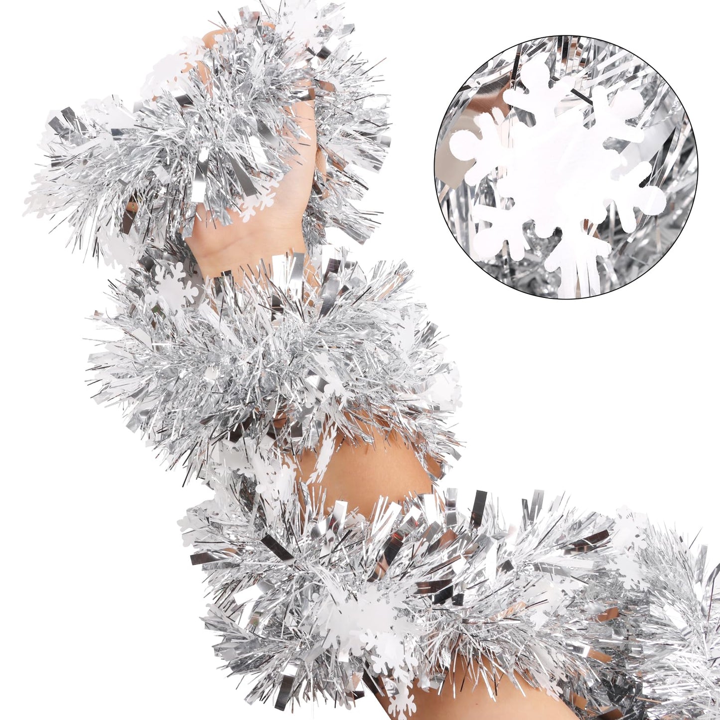 FOIMAS 33 Feet Christmas Tinsel Garland, Metallic Silver Christmas Snowflake Hanging Garland for Xmas Tree Fireplace Home Decoration (Silver)
