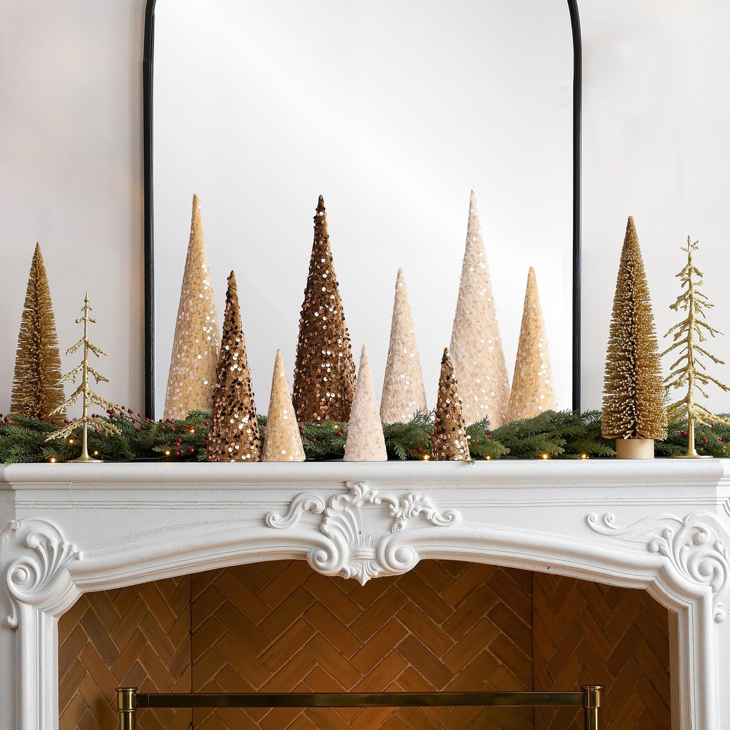 Bunny Chorus Christmas Table Décor: 9pcs Neutral Cone Christmas Trees with Earth Tones Glitter Sequins Surface, Modern Christmas Decorations for Xmas New Year Soft Cozy Winter Holiday Home Décor