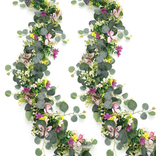 ASTNIC 2 Pack 5.68 FT Artificial Daisy Garland with 3D Butterfly, Hanging Fake Flowers Greenery Eucalyptus Garland Floral Vines for Wedding Table Home Room Sping Decor