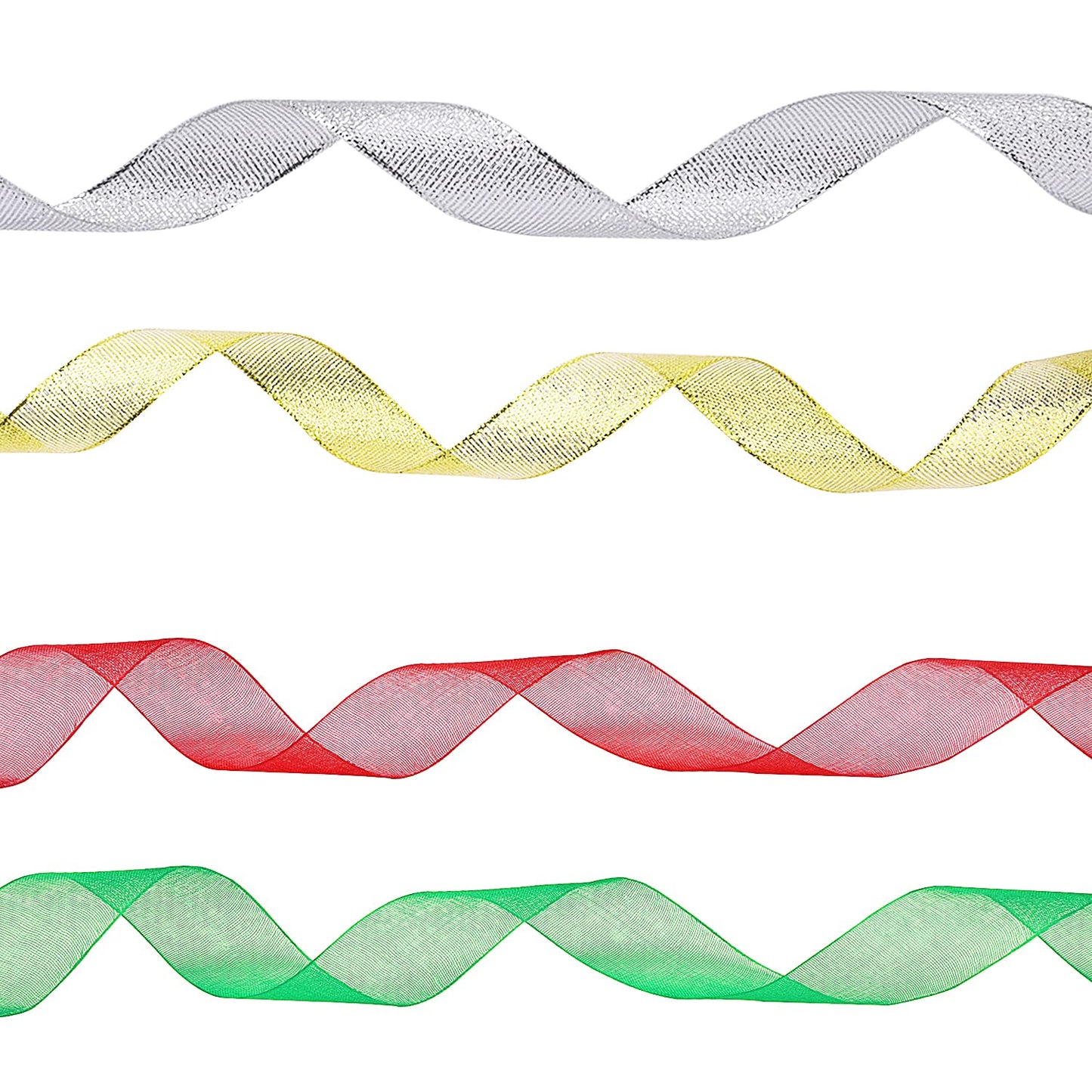 Livder 4 Rolls 4/5 Inch in Width Christmas Metallic Glitter Organza Ribbons Golden, Silvery, Red, Green Ribbon for Gift Wrapping, Christmas Tree Room Decoration