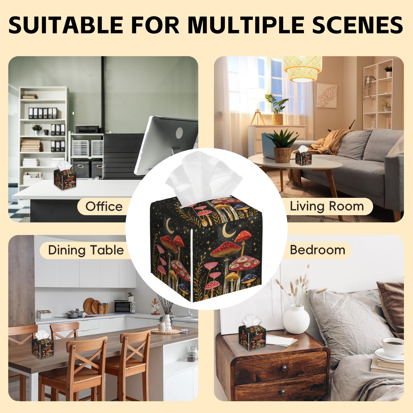Colorful Mushrooms and Crescent Moon Tissue Box Cover Leather Tissue Box Holder Square Facial Paper Case Organizer Dispenser for Bathroom Vanity Countertop Tabletop Car Office