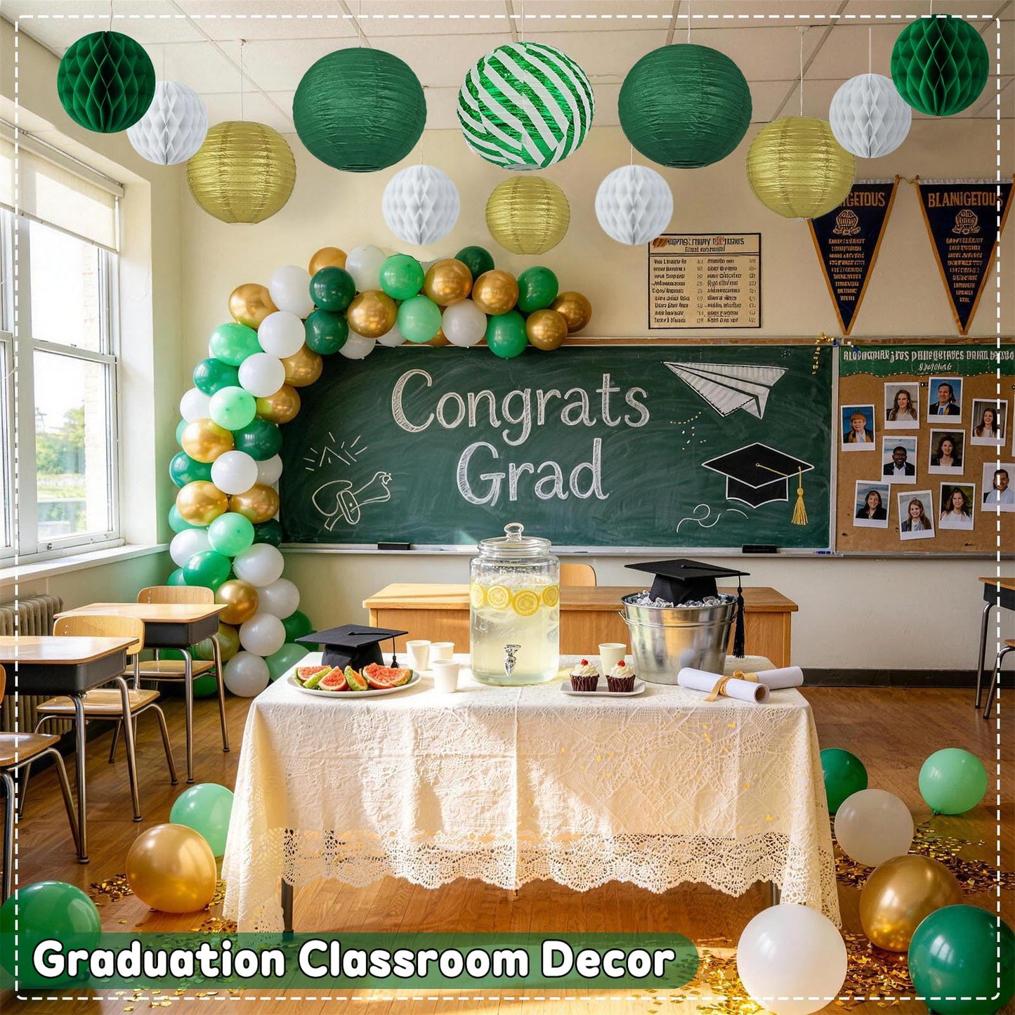 Green and Gold Party Decorations - 16Pcs Hanging Green White and Gold Paper Lanterns & Honeycomb Balls for Graduation Decorations 2026, Birthday, Baby Shower & Wedding Party Supplies