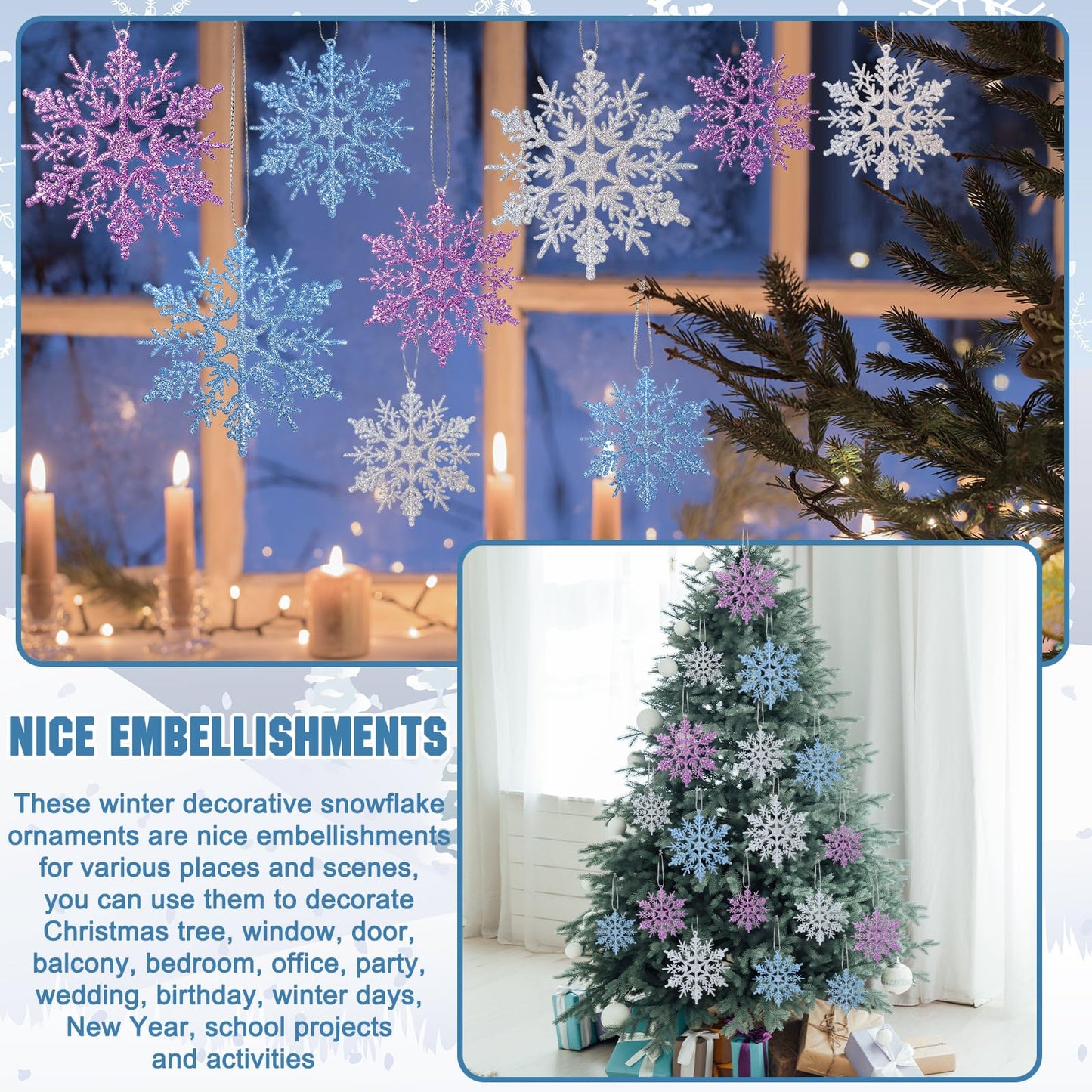 Sumind 48 Pieces Winter Snowflake Ornaments 3 Sized 2, 3, 4 Inches Plastic Glittered Snowflakes Hanging Tree Decoration Winter Window Ornament Birthday Party Supply(Silver, Blue, Purple)