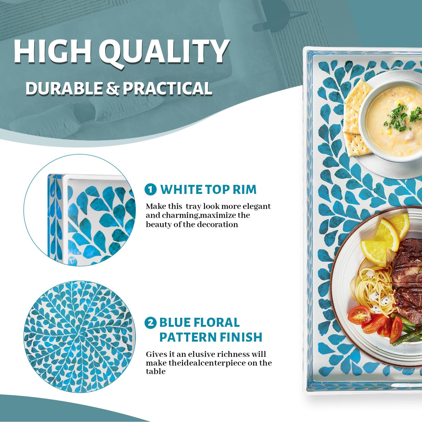 MAONAME Blue Decorative Tray, Plastic Serving Tray with Handles, Leaf Pattern Sticker Trays, Rectangular Trays for Living Room, 15.7" X 10.2" X 1.57"