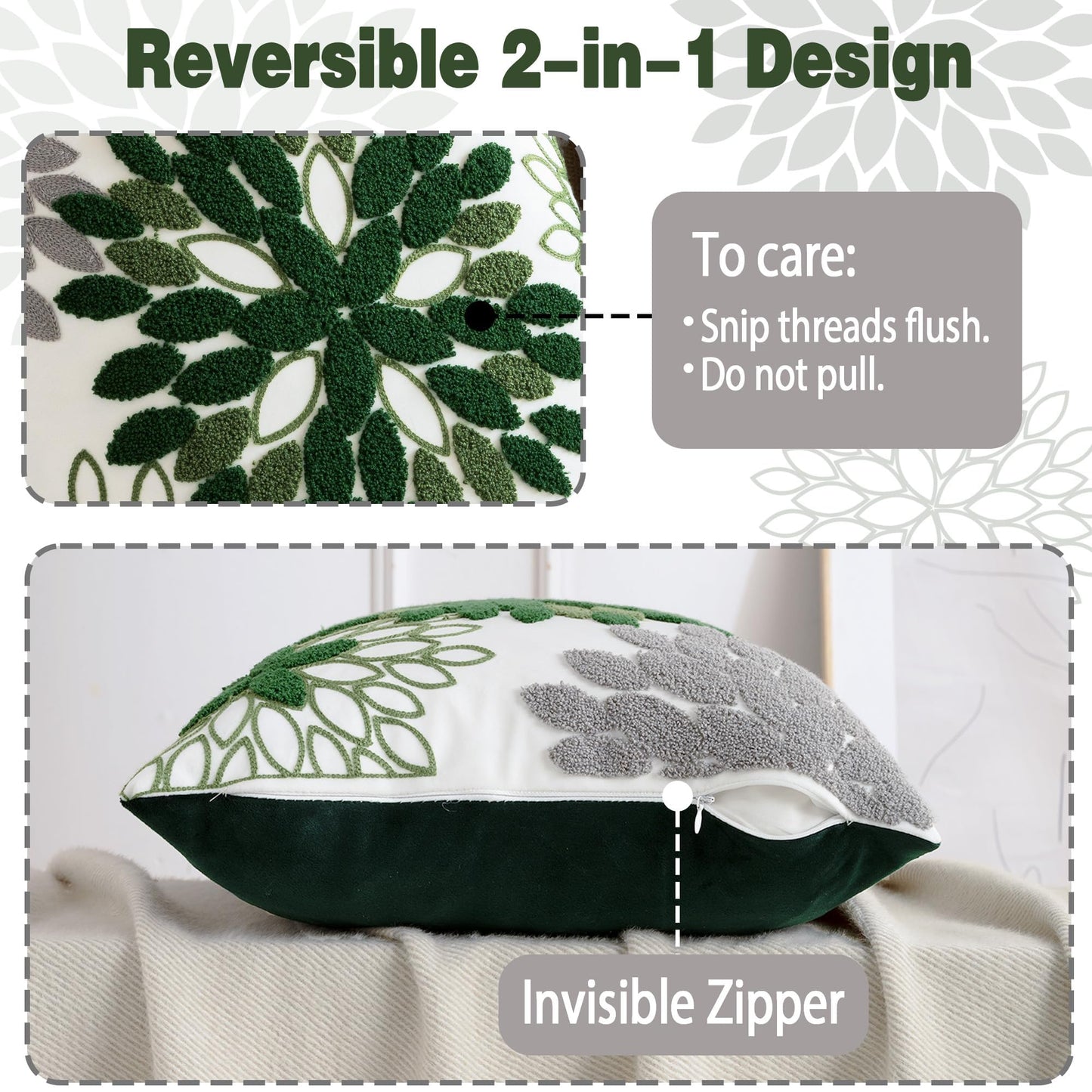 Tikeciti Embroidered Forest Green Grey Dahlia Pillow Covers, Dark Green Soft Velvet 18 x 18 Inch Throw Pillows Modern Elegant Geometric Pillowcase Decorative Cushion Case for Sofa Living Room Bedroom