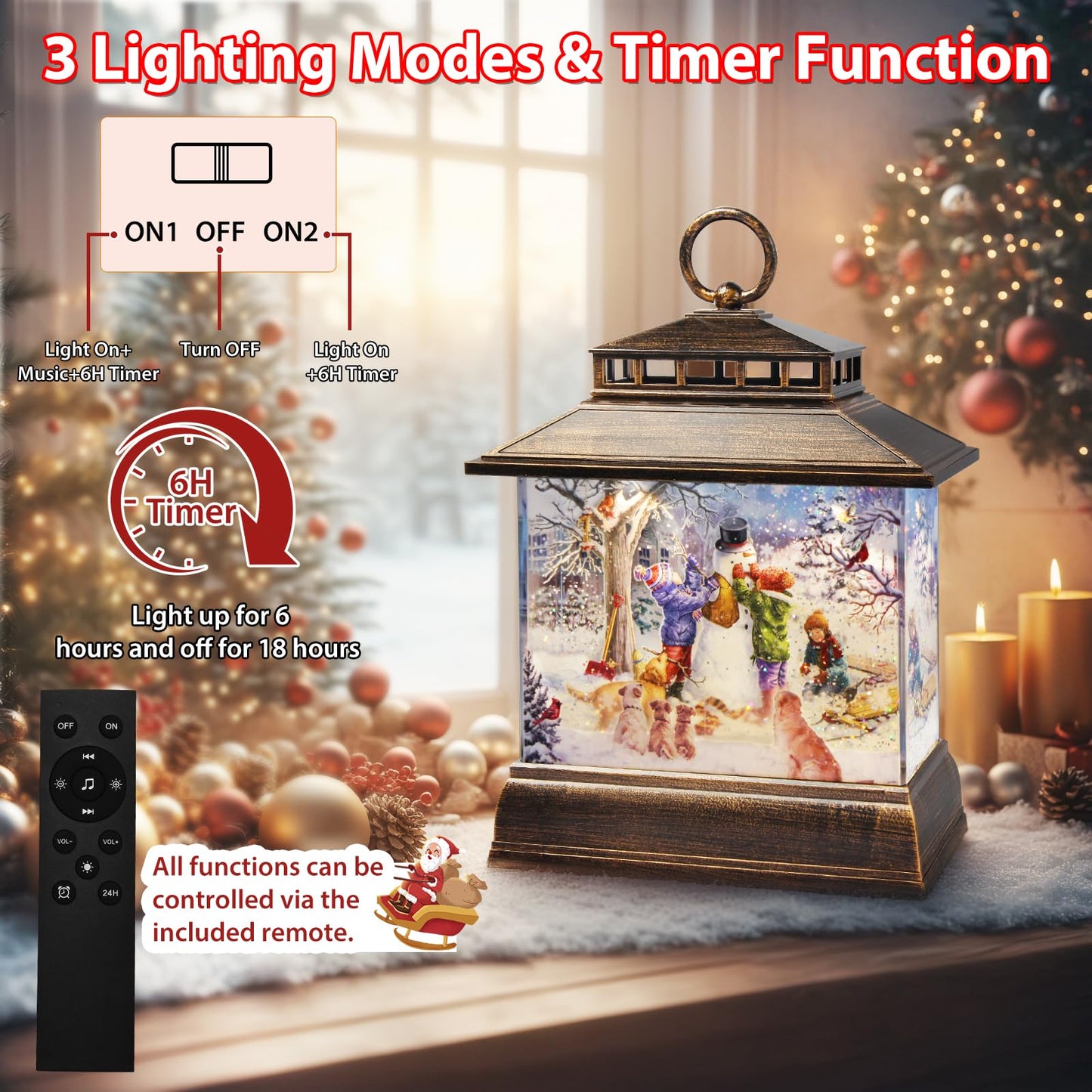 Christmas Snow Globe Lantern Water Glittering Lantern with 8 Songs & 6H Timer Romote Control Christmas Snow Globes USB & Battery Operated for Holiday Festival Decorations Gifts (Snowman and Children)