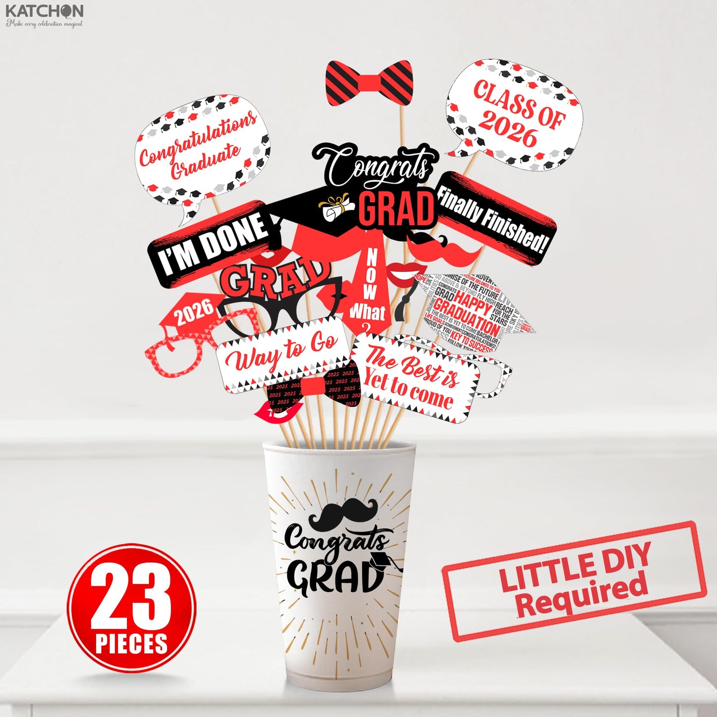 Graduation Decorations 2026 | Red Graduation Photo Props - Pack of 23 | Photo Props for Red & Black | Graduation Props for Congrats Grad Decorations | Class of 2026 Decorations, KatchOn