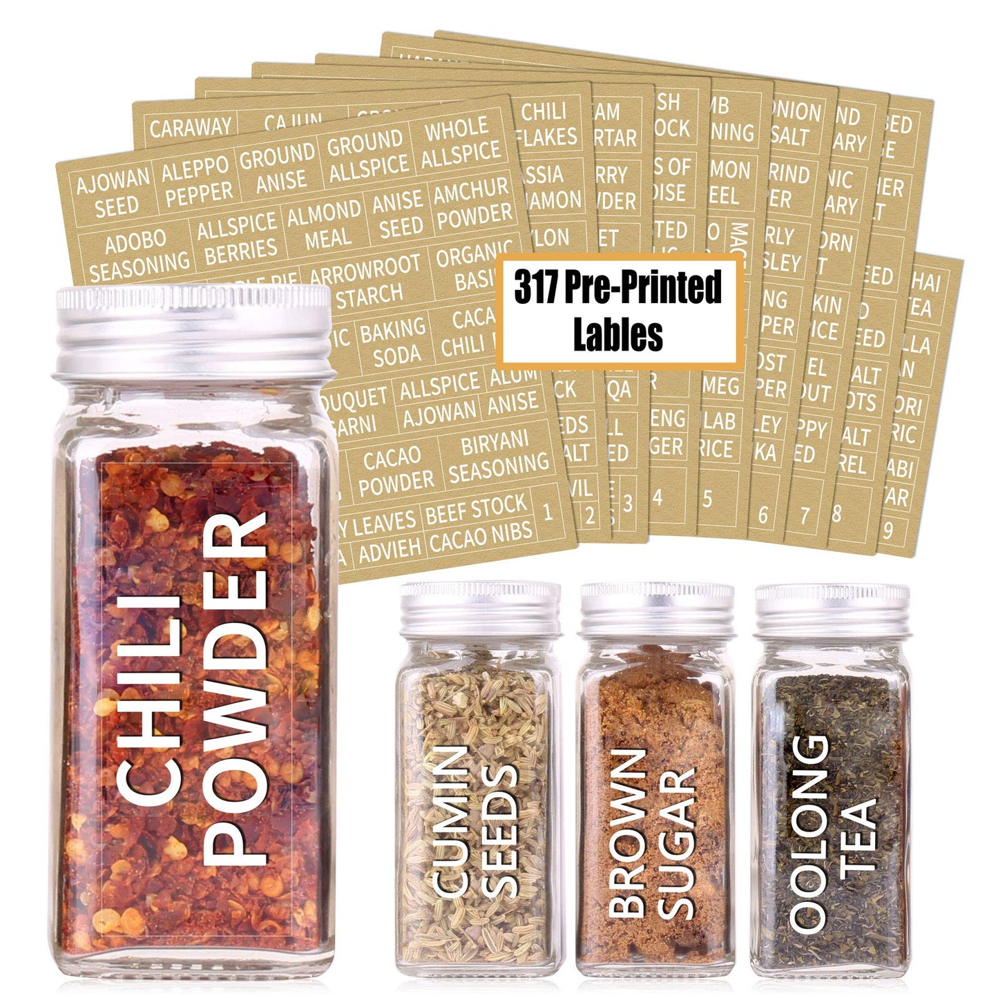 SWOMMOLY 48 Glass Spice Jars with 713 Spice Labels, Chalk Marker and Funnel Complete Set. 48 Square Glass Jars 4OZ, Airtight Cap, Pour/sift Shaker Lid