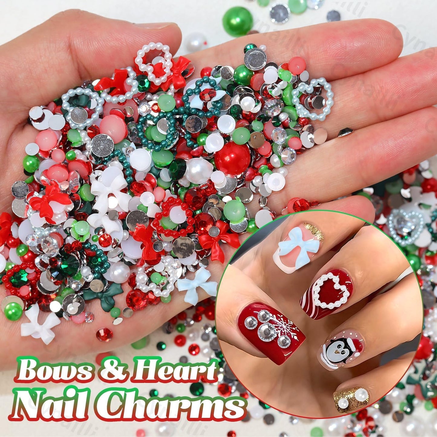 Christmas Red Green Mixed Flatback Rhinestones & Pearls, Pearl and Rhinestones for Crafting, Pearls Heart Bows Nail Charms for Christmas Craft DIY Ornaments, Tumbler Cups, Nail Art and Gift Making