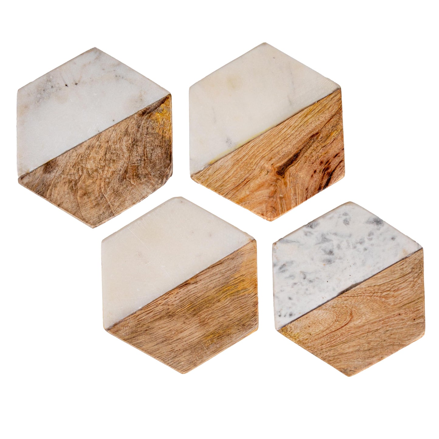 Creative Co-op Marble & Mango Wood Hexagon Coasters (Set of 4 Pieces)