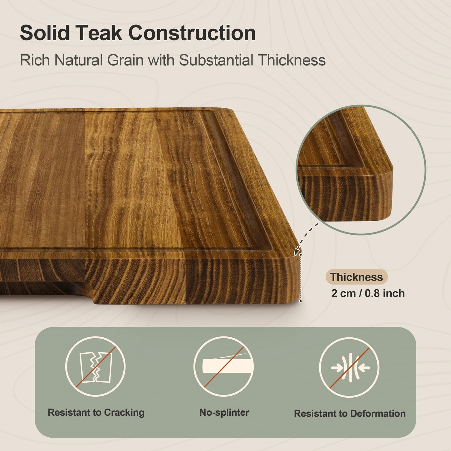Teak Wood Cutting Board for Kitchen, Wooden Cutting Board with Juice Groove and Handles, Chopping Board Butcher Block for Meat, Vegetables, Bread and Cheese, 15.8 x 11 x 0.8 inch