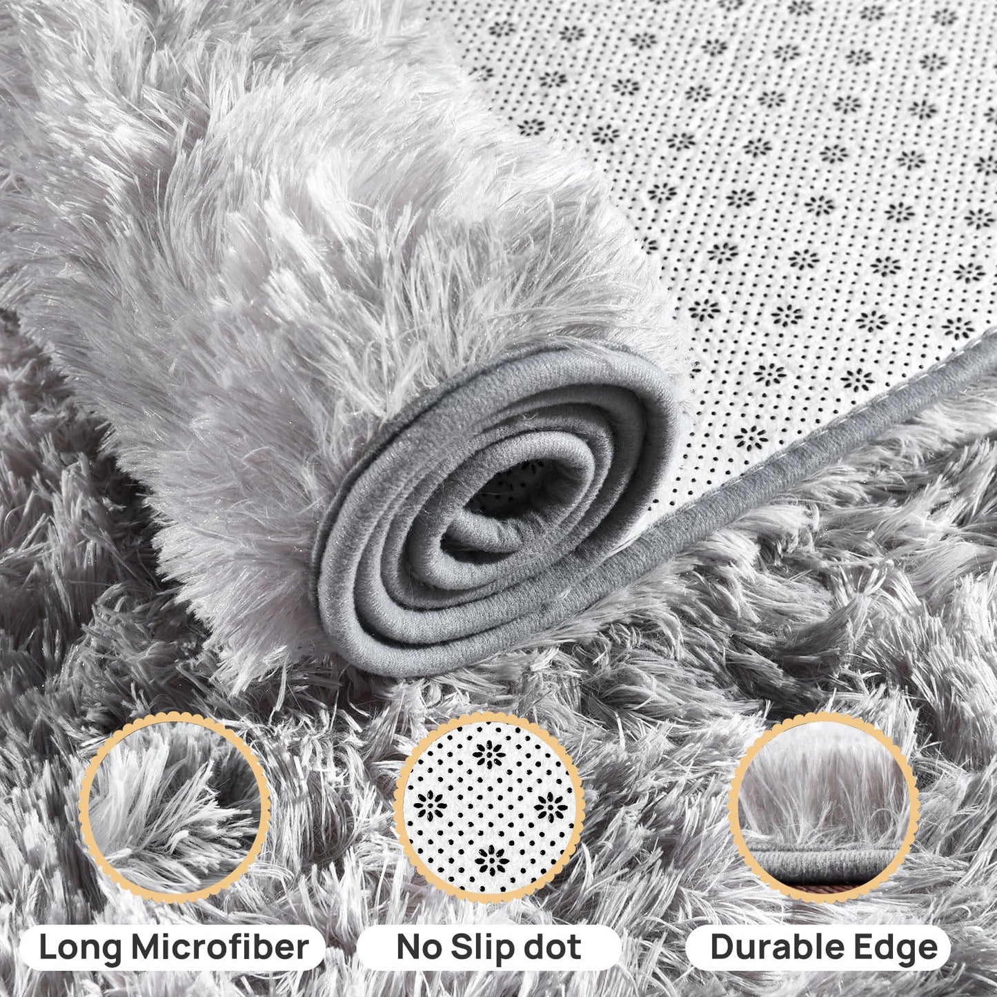 Shaggy Soft Fluffy Rug Non-Slip Indoor Floor Carpet for Living Room Anti-Skid Indoor Plush Carpet for Living Room, Height Pile 1.4" Plush Rug Tie-Dyed Light Grey 2x3 Feet