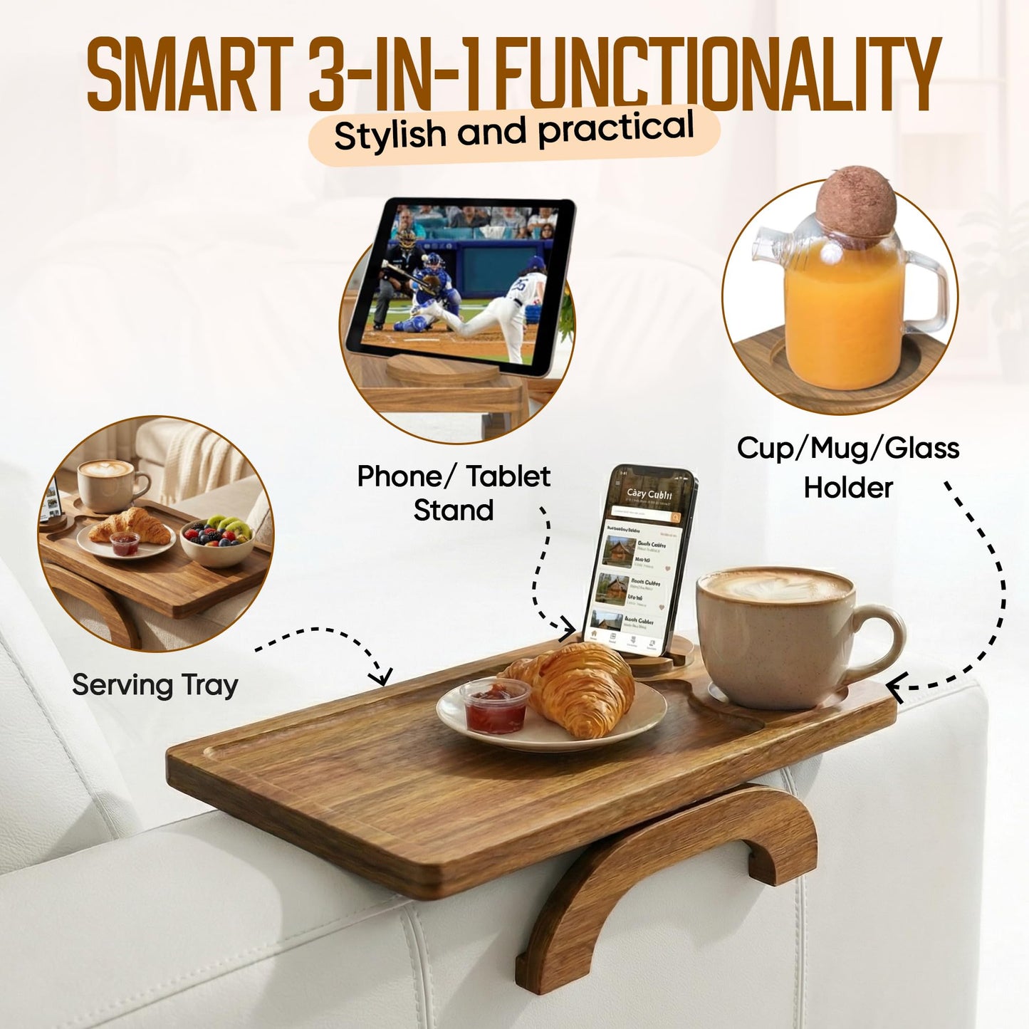 Motovatec Acacia Wood Sofa Arm Tray - 3-in-1 Couch Arm Table with Phone Holder, Cup Placer & Foldable Tray - Armrest Clip-On Design for Couch with 360° Rotated Phone Holder