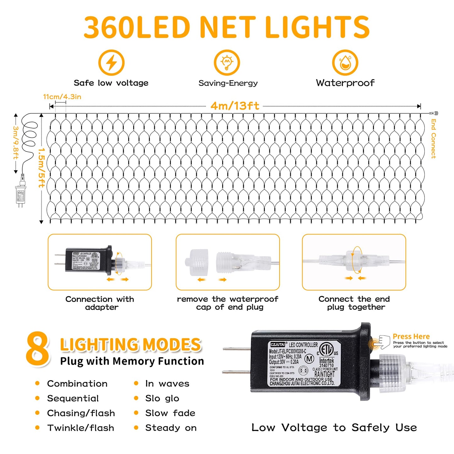 HEYFUNi Net Mesh Waterproof String Lights,360LED 13ft x 5ft Christmas Net Lights, 8 Modes,Connectable for Indoor Outdoor, Curtain,Garden,Christmas Tree, Bush, Party, Holiday, Wall Decor (Warm White)