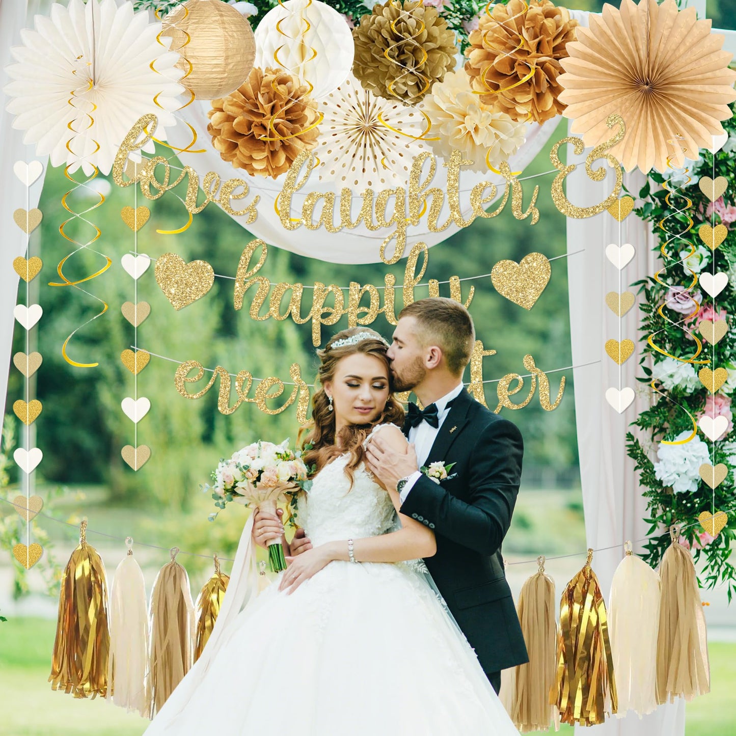Roetyce Engagement Party Decorations, Gold Glitter Love Laughter & Happily Ever After Banner for Bridal Shower, Wedding Bachelorette Party Backdrop, Almost Married/Just Engaged Photo Background Decor