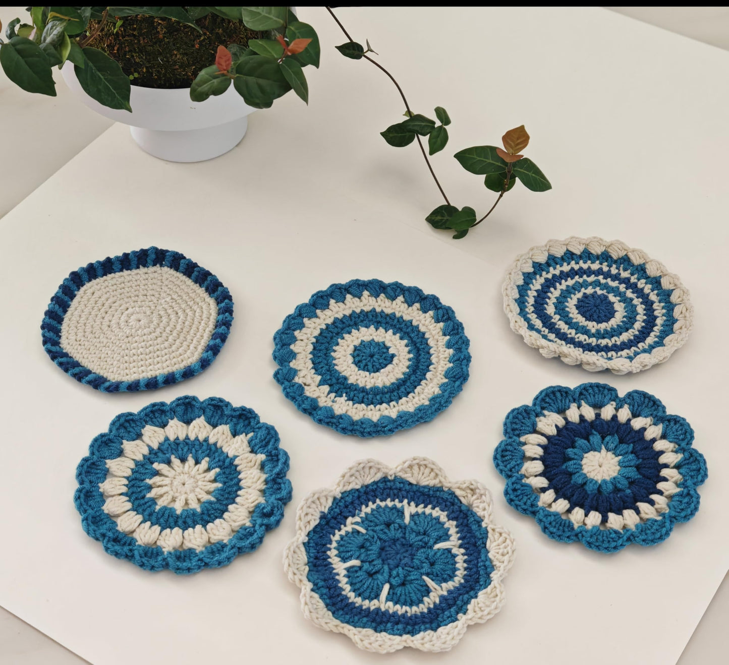 Handmade Crocheted Pure Cotton Coasters, 6-piece Set of Coasters, for Desktop Protection, Home Decoration, Suitable for Weddings, Housewarming, Birthdays