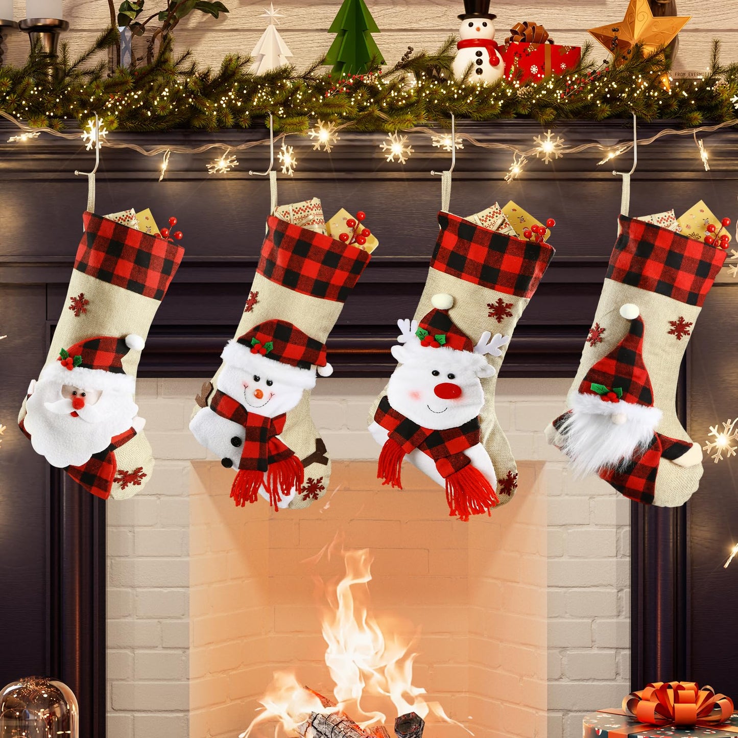 Bemaystar Christmas Stockings - 18.5" Burlap Plaid Christmas Stocking Xmas Hanging Stockings Holiday for Kids Christmas Tree Fireplace Family Party Decor - Deer