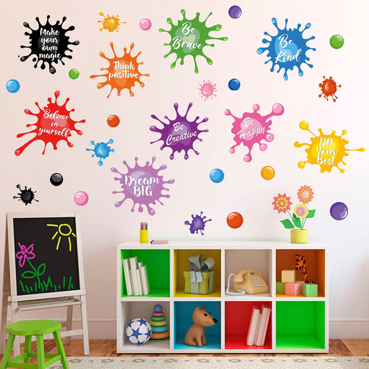 Colorful Inspirational Quotes Wall Decals Watercolor Paint Wall Decals Ink Splatter Splotches Wall Stickers Motivational Lettering Positive Sayings Stickers for Kids Classroom Nursery Playroom School