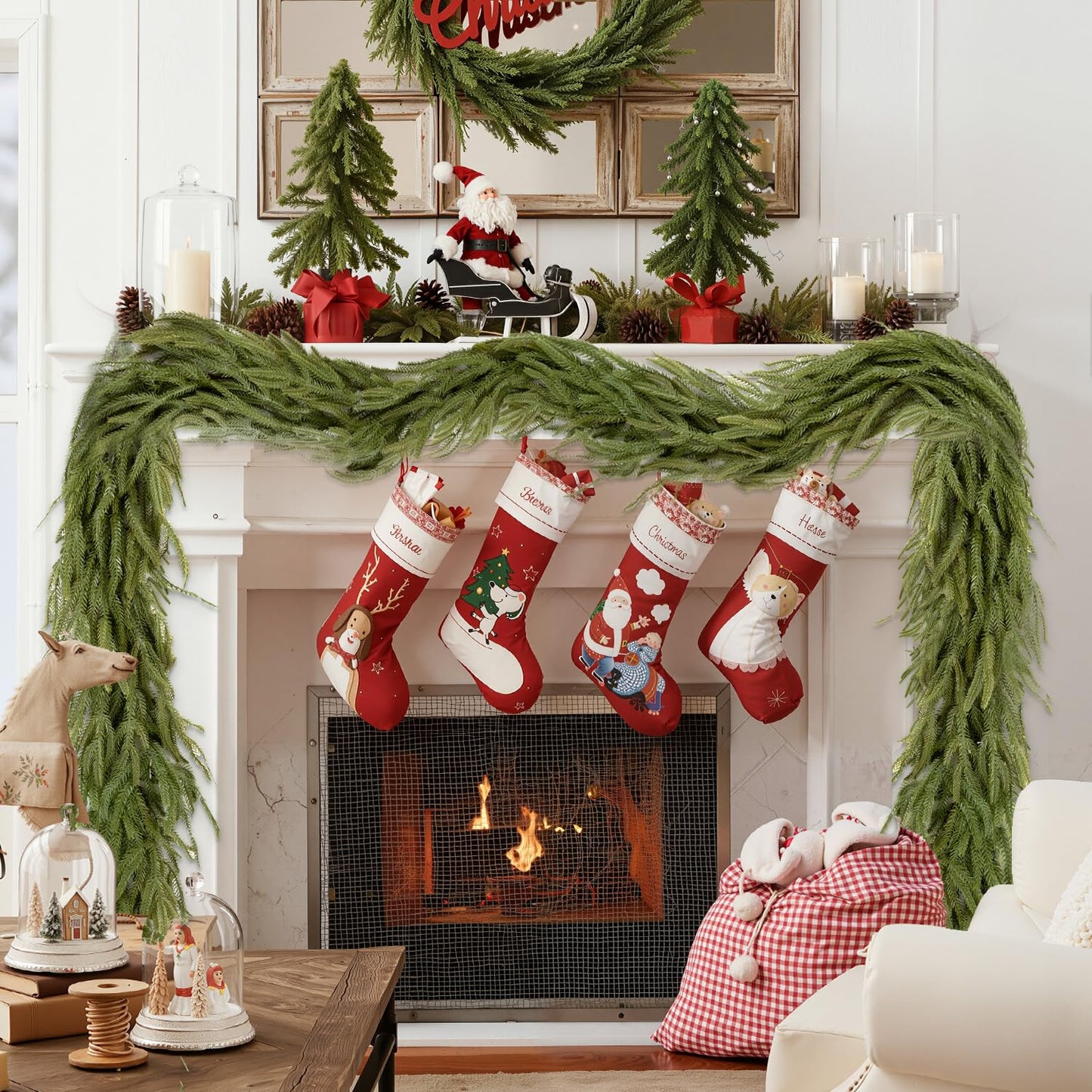 Findosom 6Ft Christmas Norfolk Pine Garland, Real Touch Artificial Winter Green Pine Garland for Mantle, Wall, Fireplace, Stairs, Table, Indoor & Outdoor Christmas Decorations