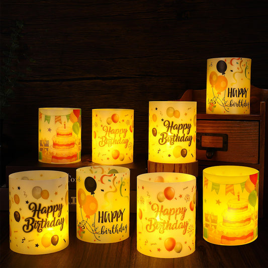 Happy Birthday Table Centerpiece Decorations, 8 Sets Birthday Centerpieces Lantern Boxes & LED Tea Lights, Flameless Votive Candle Holders for Birthday Party, Candle Shade Cover Sleeve for Home Office