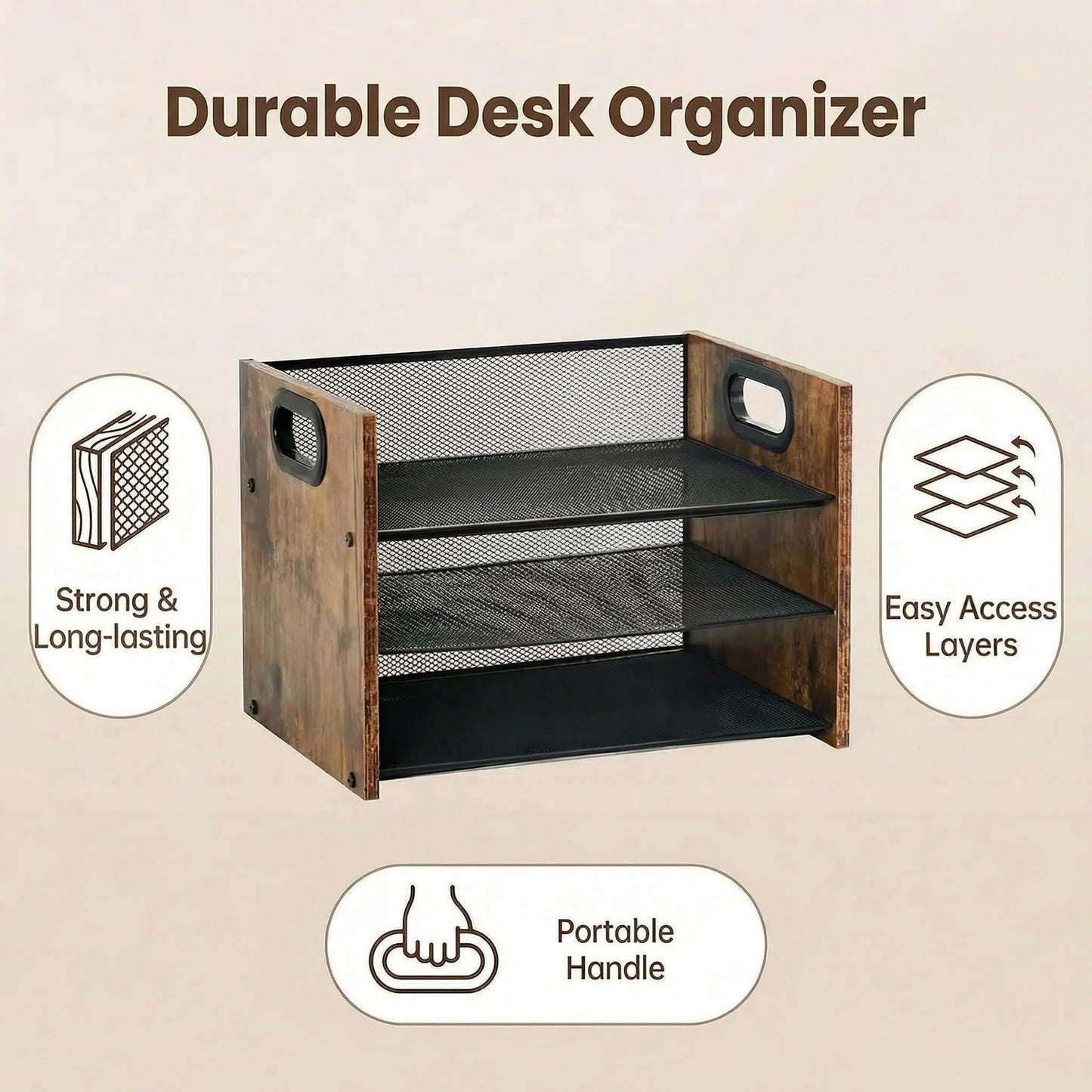 Boershun Desk Organizer - 3 Tier Wood & Metal Mesh Desktop Organizer for Office, Home, School, Workspace, Office Desk Organzier for Papers, Mail, Notebooks, Stationery