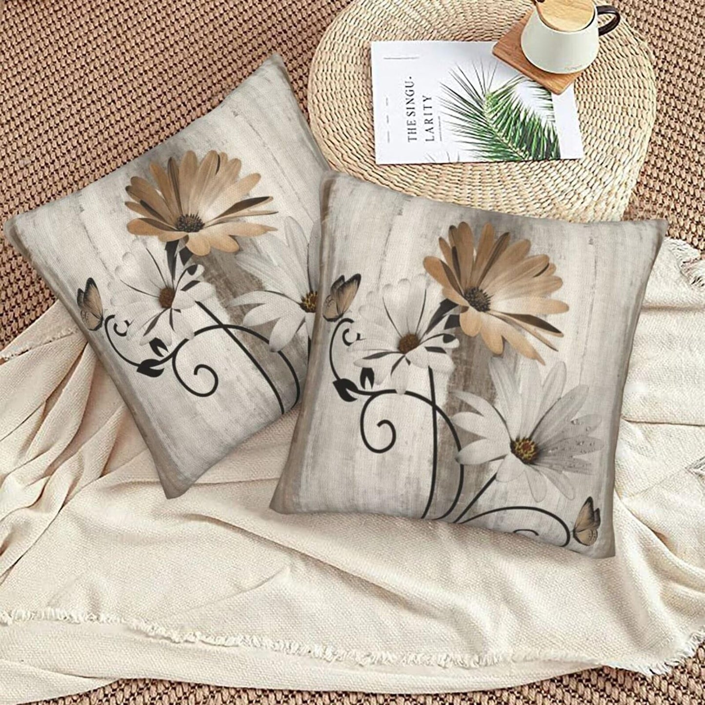 Sunshineyan Brown Floral Pillow Covers 18 x 18 Inch Set of 2 Daisy Floral Butterfly Decorative Throw Pillow Covers Linen Rustic Farmhouse Cushion Cases for Home Sofa Couch Living Room Decor