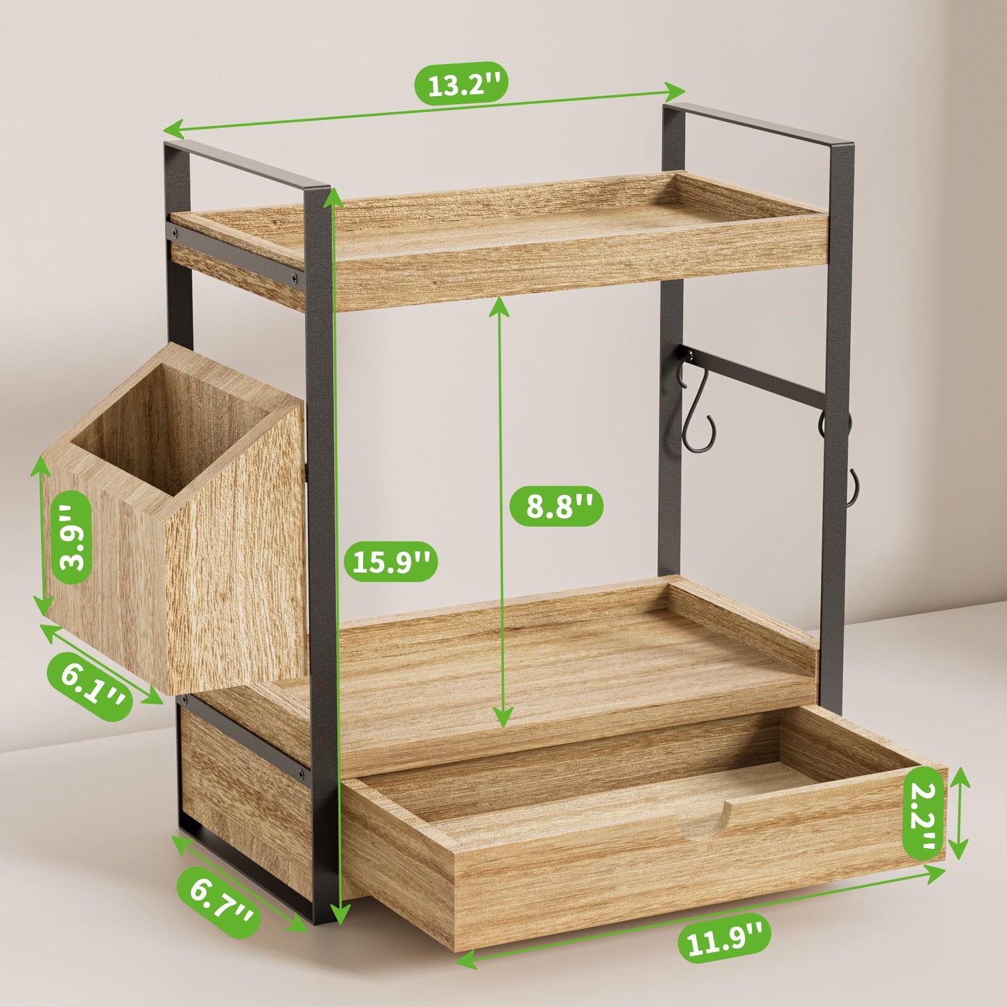 Aollewoiti 2-Tier Bathroom Counter Organizer with Drawer and Basket, Wood Countertop Organizer for Storage, Skincare Organizers for Vanity, Counter Shelf for Bathroom Organization