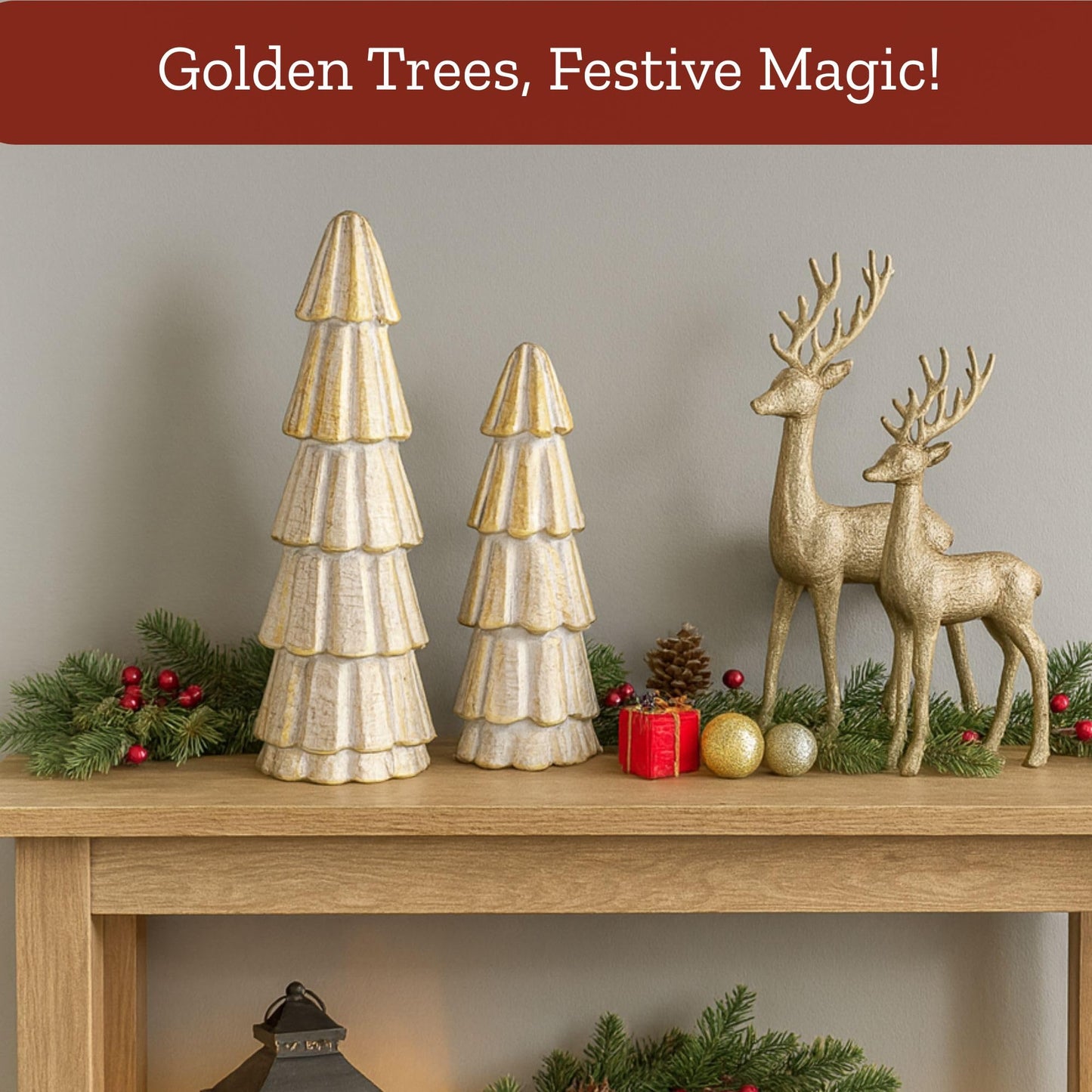 Mie Creations Christmas Tree Figurines, Set of 2 Wooden Decorative Trees for Home, Living Room, Table Centerpiece, Fireplace Mantel, Xmas Indoor Decor, Elegant White & Gold Christmas Trees-11,8 inch