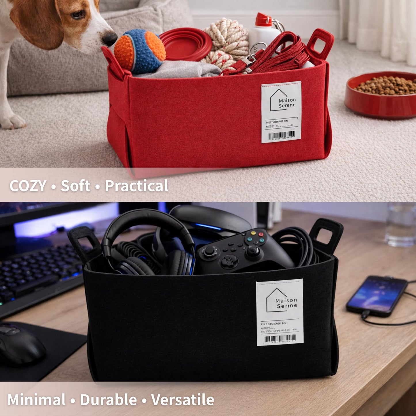 Felt Storage Bin - Foldable Fabric Storage Basket with Handles, Multi-Purpose Storage Organizer for Shelves, Closet, Toys, Clothes, Blankets, Bedroom, Living Room & Nursery, BLACK, Medium