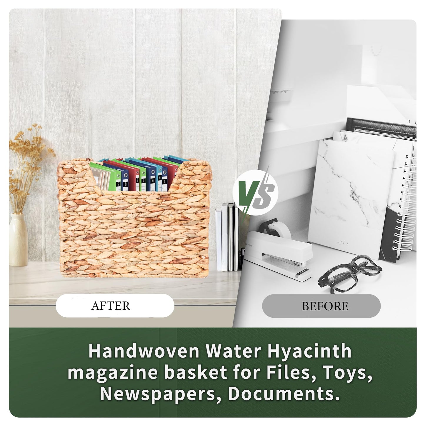 Magazines Holder - Wicker Magazine Rack, Handwoven Magazine Holders for Bathroom, Magazine Organizer for Books, Newspaper, Water Hyacinth Magazine Basket, 14.2 x 11.4 x 6.7 inch