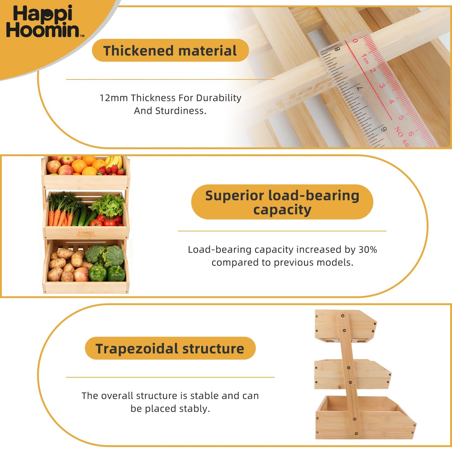 Happi Hoomin 3 Tier Fruit Basket for Kitchen Counter, Bamboo Fruit and Vegetable Storage Rack, Kitchen Organizer and Storage, Vegetable Baskets for Kitchen, Fruit Organizer, Frutero para Cocina