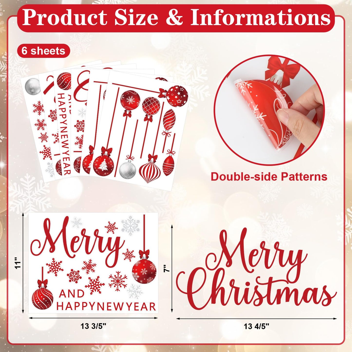 Red Merry Christmas Window Clings 6 Sheets, Happy Holiday Winter Snowflake Window Decals Stickers for Home Xmas Party Decorations Supplies, Reusable Happy New Year Cling for Windows (Xmas)