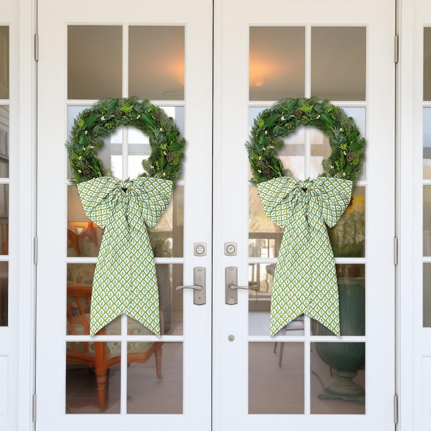 HunnmingRe 2 Pcs Green Block Print Bow Wreath Sash 24 x 16 Inch Christmas Wreath Sash for Front Door Holiday Floral Burlap Bow Accessories for Doorway Indoor Outdoor Garland Home (Green)
