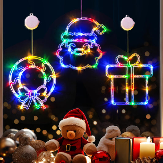 LOLStar Christmas Window Decorations 3 Pack Wreath Gift Box Santa Claus Christmas Window Lights with Suction Cups, Battery Operated Xmas Lights Decors, 2025 Upgrade Slow Fade Mode and Timer Function