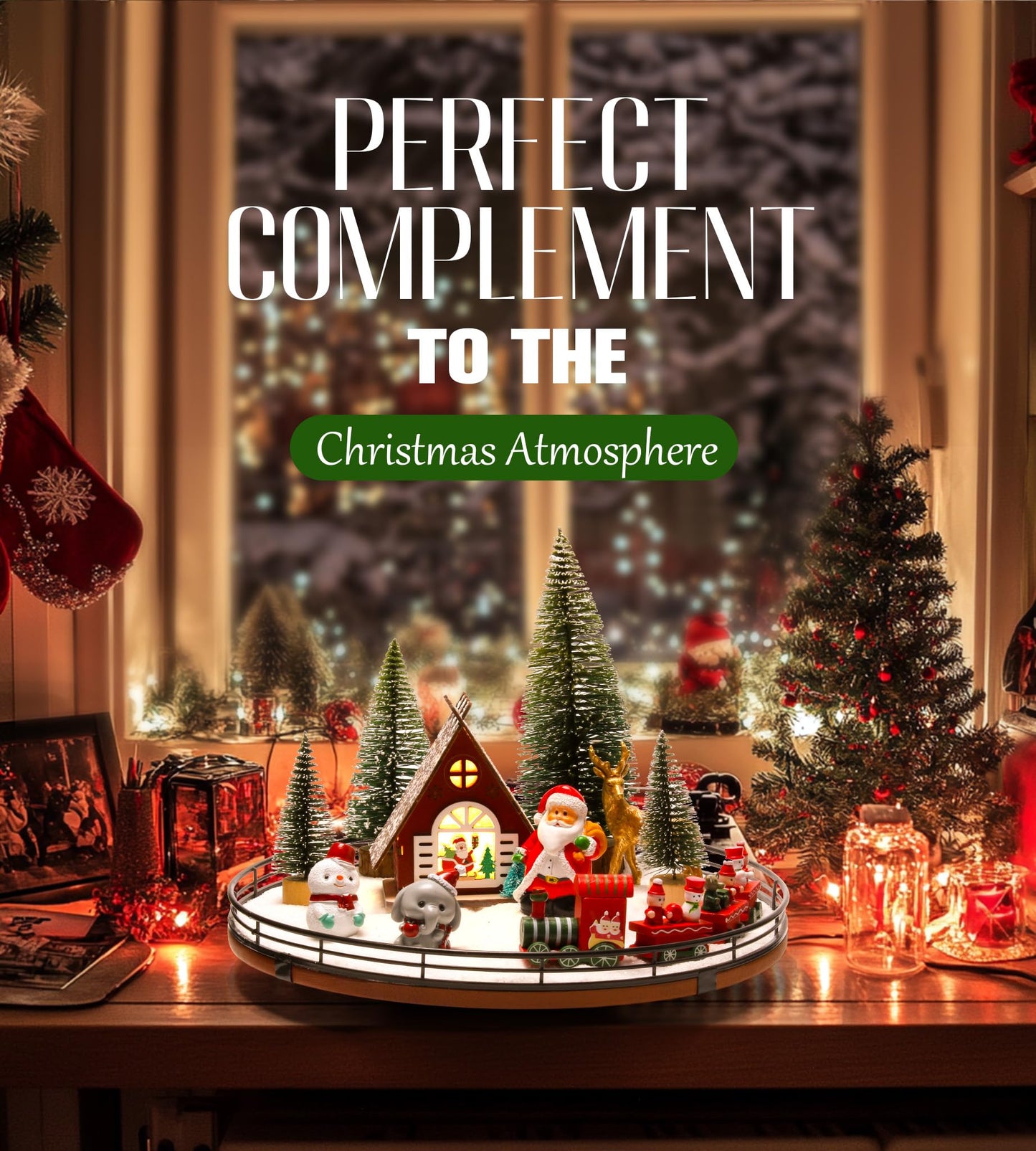 AMH 12 PCS Christmas Table Decorations Set with Oak Rotating Base – Xmas Town Village Centerpiece with Santa, Train, House, Trees & Figurines, Tabletop Decorations for Holiday Dining & Coffee Tables