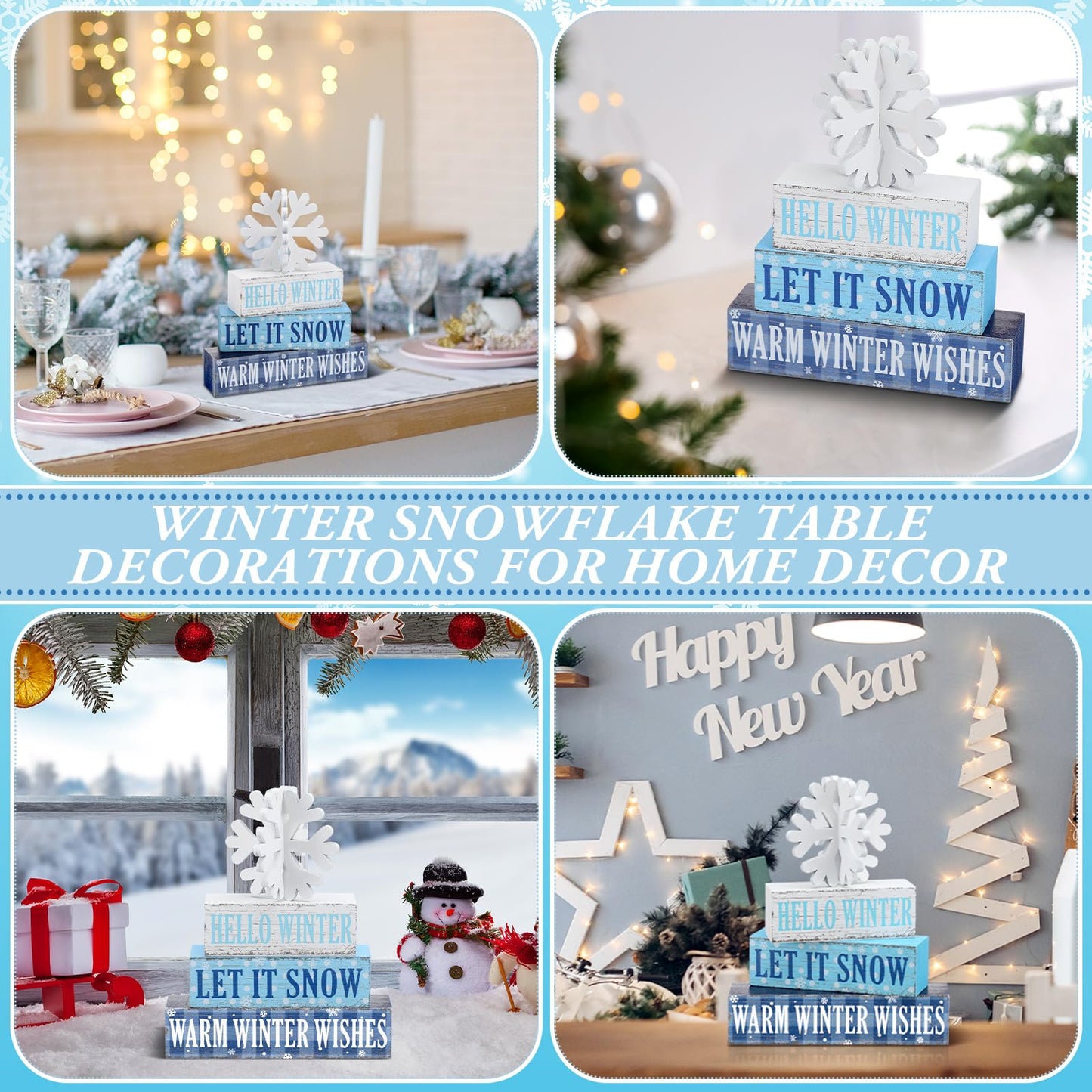 Geelin 4 Pieces Hello Winter Wooden Table Decorations Let It Snow Wooden Signs Rustic Snowflake Tiered Tray Decor Winter Wishes Tabletop Centerpieces for Home Desk Room Kitchen Shelf