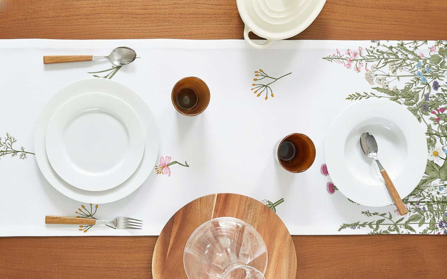 PurpleEssences Floral Table Runner - 100% Cotton - for Seasonal Formhouse Kitchen and Dining Table Decor - Spring Easter Summer - 14 x 72 Inches - Estee with Red Flowers
