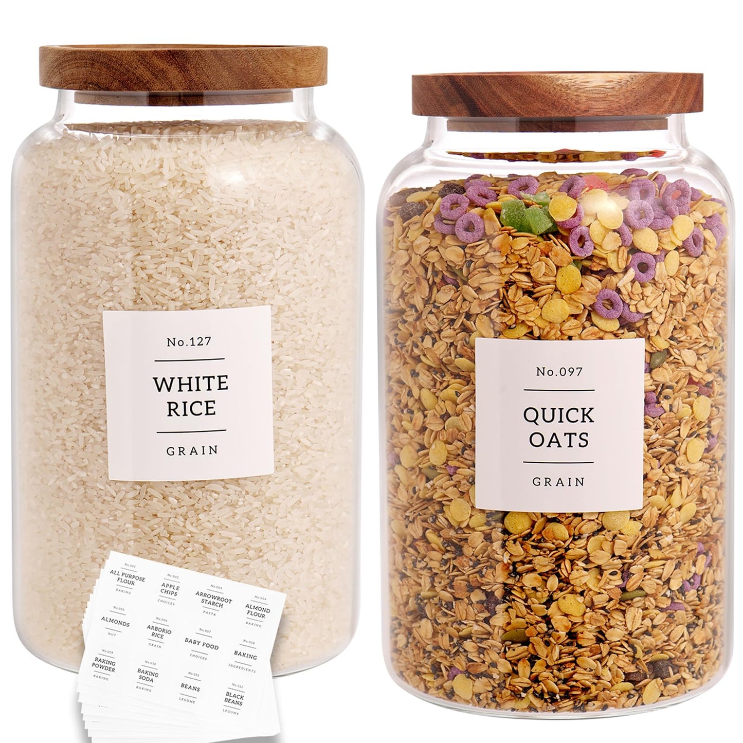 CZHQSMZ Set of 2 Large Glass Jar with Airtight Acacia Lid and 132 Kitchen Pantry Labels, Clear Glass Food Storage Jars Containers for Rice Flour Pasta Sugar Coffee Cookie and More(98 Fl Oz/2800 Ml)