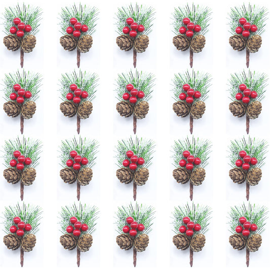 Snow Frosted Christmas Picks and Sprays, 20Pcs Artificial Pine Needles Branches with Red Berries, Pine Cones for Crafts, Floral Picks for Christmas, Winter Decor, Gift Wrap Embellishments (20)