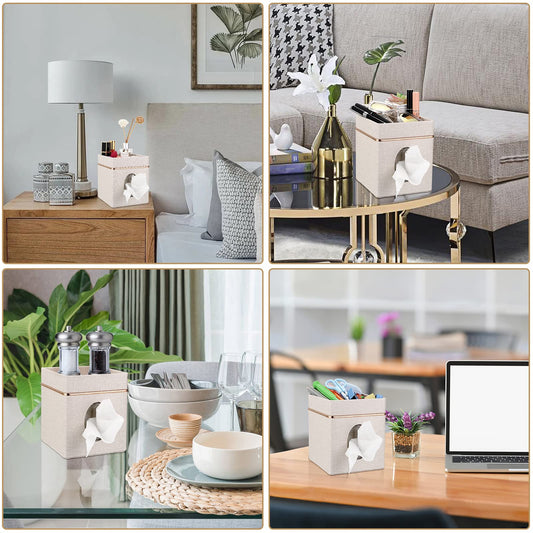 Sumnacon Linen Square Tissue Box Cover - Decorative Cube Tissue Box Holder with Tray, Stylish Tissue Box for Bathroom Toilet Tank Vanity Dresser Table Office Bar Restaurant, Beige