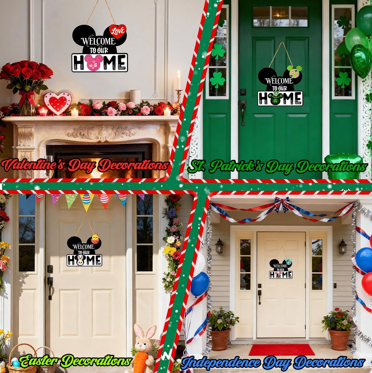 Mouse Home Decor, Interchangeable Seasonal Welcome Sign with 22PCS Interchangeable Holiday Pieces for Spring Summer Fall All Seasons Holiday Halloween Christmas
