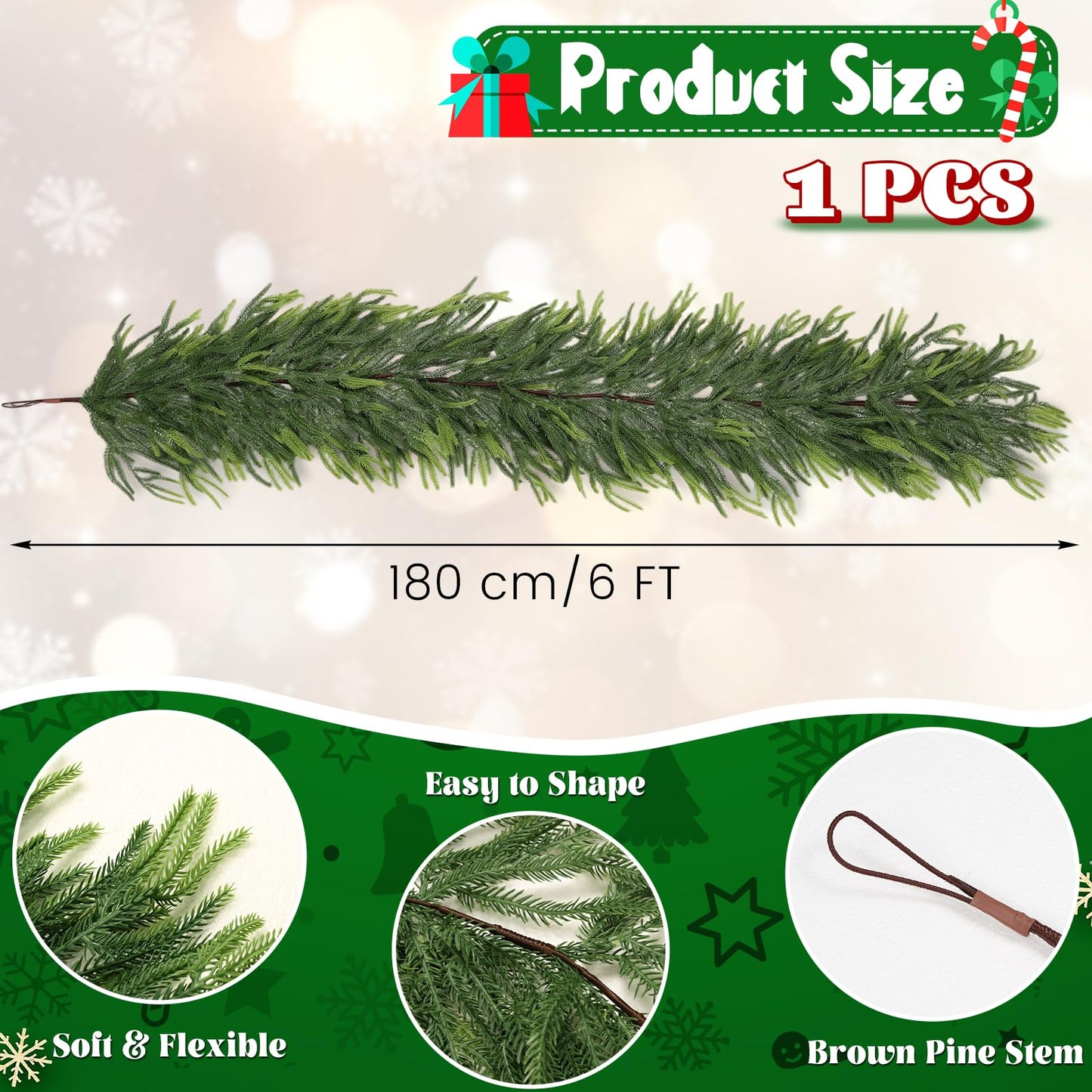 Homiton 6ft Christmas Norfolk Pine Garland, Artificial Real Touch Pine Garlands, Christmas Greenery Garland for Xmas Mantle Fireplace Table Outdoor Indoor Decoration (1, 6 FT)