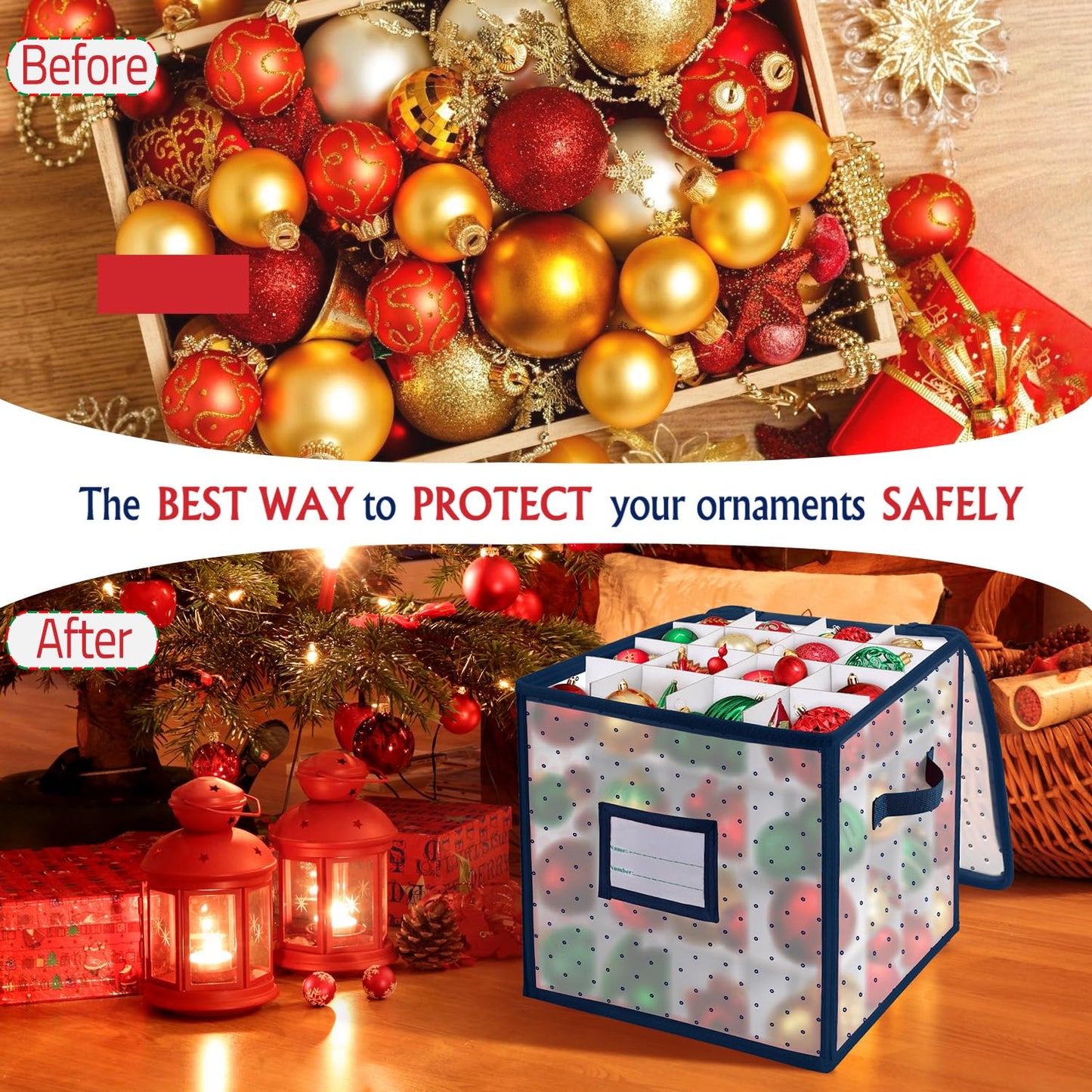 BINSUNS Christmas Ornament Storage Box, Christmas Storage Containers Organizer Bag with Dividers - Fits up to 64 Holiday Xmas Ornaments Decorations 3" Seasons Balls(Blue)