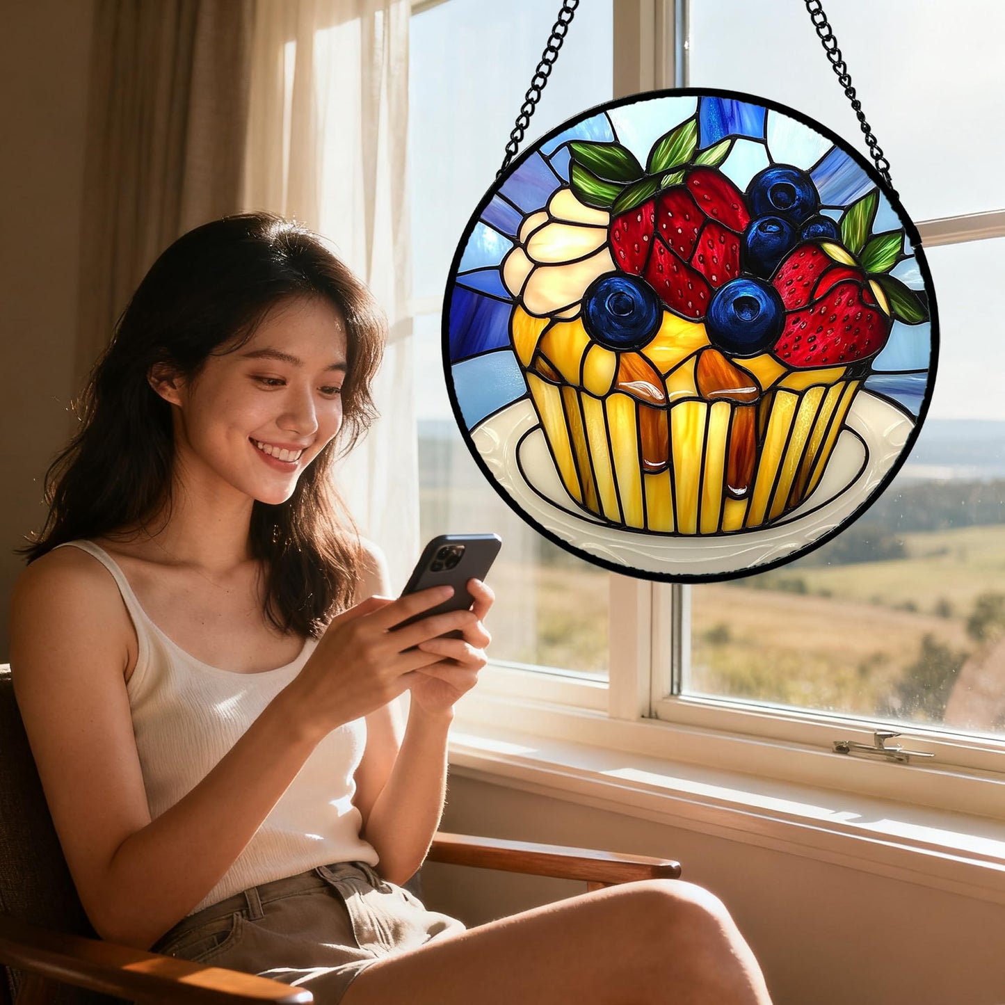 QZQCBLC Stained Glass Window Hanging Retro Blue Fruitcake 6.3" - Red Yellow Suncatcher Door Garden Sun Catcher Home Decor Birthday Christmas for Mom Woman Nana Friend Girl